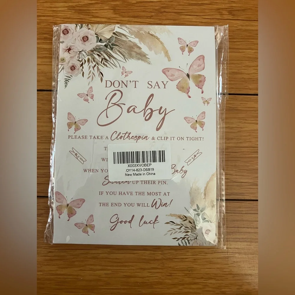 Don't Say Baby Signs for Baby Shower Games, 1 Sign(5x7),50 Mini Clothespins,PINK